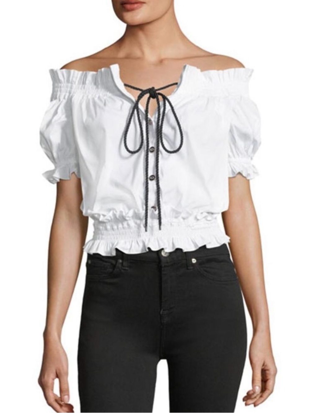 Caroline Constas Off the Shoulder Cropped Peasant Ruffle Top Milkmaid Blouse